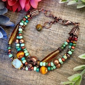 Czech glass beaded copp adjustable bracelet